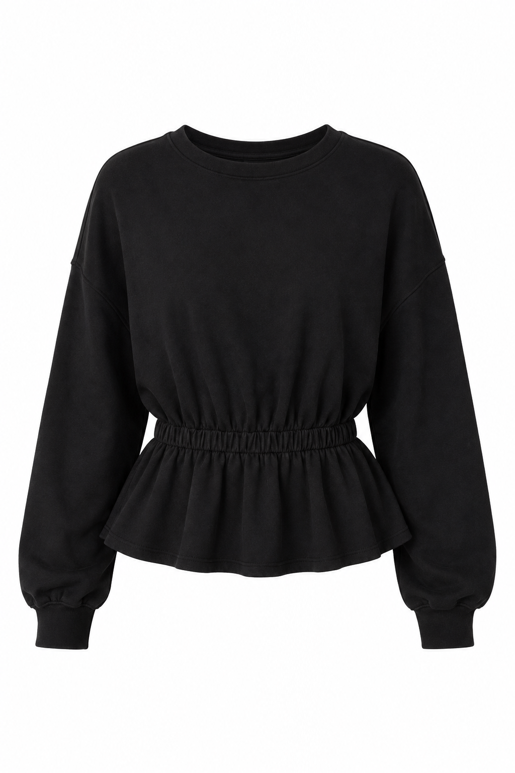 A black long-sleeve crewneck sweatshirt with a gathered elastic waist and a peplum hem, shown against a plain white background.