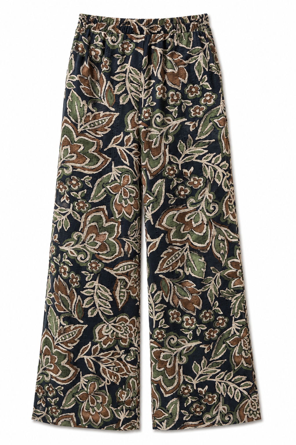 Wide-leg pants featuring an intricate floral and botanical block-print pattern in brown, olive green, and beige on a dark navy blue base, shown flat against a white background.